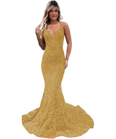 Sparkly Sequin Prom Dresses Long for Teens with Slit V Neck Mermaid Evening Party Gowns 2024 VS034 B Gold $25.42 Dresses