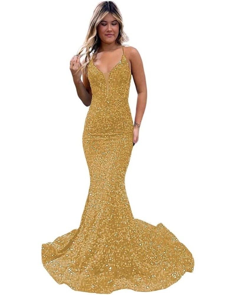 Sparkly Sequin Prom Dresses Long for Teens with Slit V Neck Mermaid Evening Party Gowns 2024 VS034 B Gold $25.42 Dresses