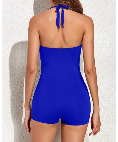 Women Tummy Control One Piece Swimsuits with Shorts Boyleg Retro Bathing Suit Halter Swimwear Royal Blue $17.94 Swimsuits