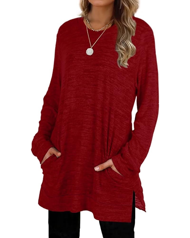 Women Long Sleeve Shirts Basic Tops Tunic Pockets Solid Color Sweatshirt Khaki S 118-red $18.69 Tops