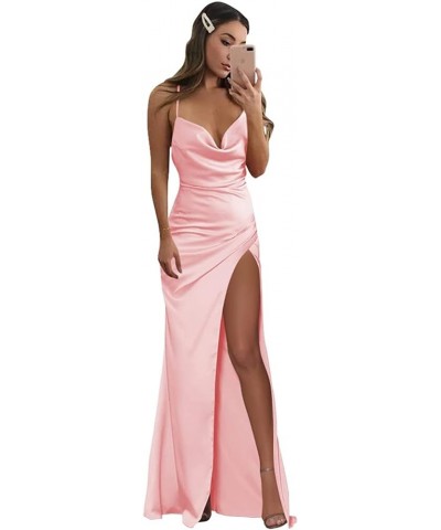 Women's Cowl Neck Bridesmaid Dresses for Wedding with Slit Long Satin Formal Evening Gown Pink $31.19 Dresses