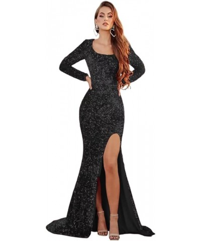 Long Sleeve Sequin Mermaid Prom Dresses with Slit Long Square Neck Backles Formal Evening Gowns SYYS123 A-black $28.60 Dresses