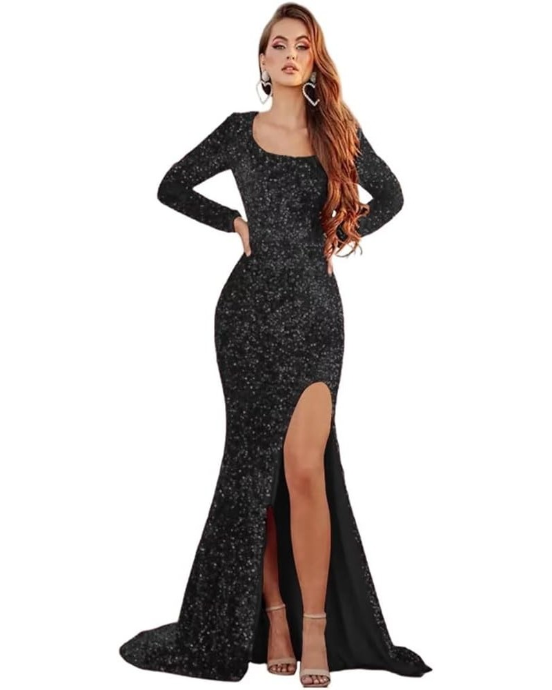 Long Sleeve Sequin Mermaid Prom Dresses with Slit Long Square Neck Backles Formal Evening Gowns SYYS123 A-black $28.60 Dresses