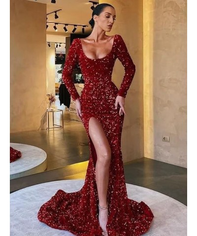 Long Sleeve Sequin Mermaid Prom Dresses with Slit Long Square Neck Backles Formal Evening Gowns SYYS123 A-black $28.60 Dresses