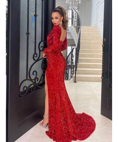 Long Sleeve Sequin Mermaid Prom Dresses with Slit Long Square Neck Backles Formal Evening Gowns SYYS123 A-black $28.60 Dresses