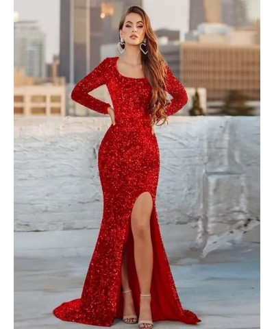 Long Sleeve Sequin Mermaid Prom Dresses with Slit Long Square Neck Backles Formal Evening Gowns SYYS123 A-black $28.60 Dresses