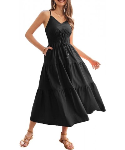 Women's Cotton Dresses Summer 2024 Spaghetti Strap V Neck Ruffle Tiered Flowy Dresses Black $22.36 Dresses