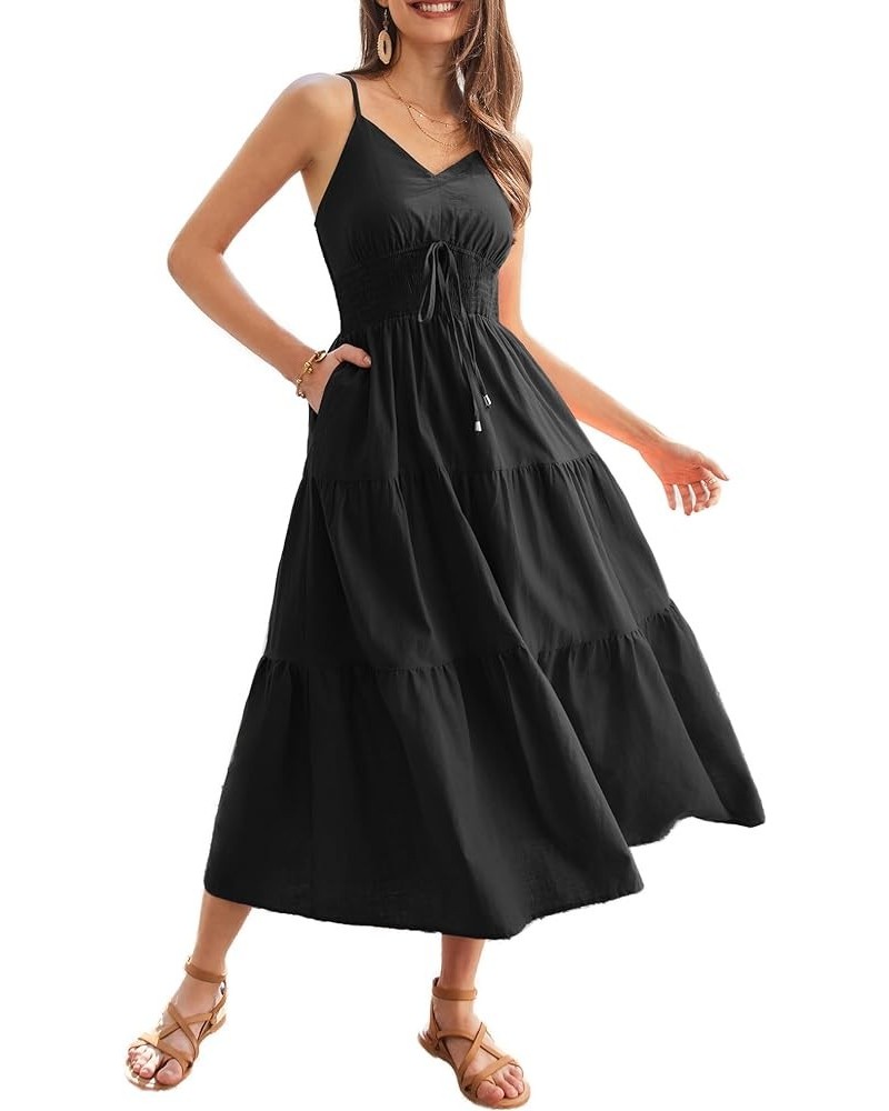 Women's Cotton Dresses Summer 2024 Spaghetti Strap V Neck Ruffle Tiered Flowy Dresses Black $22.36 Dresses