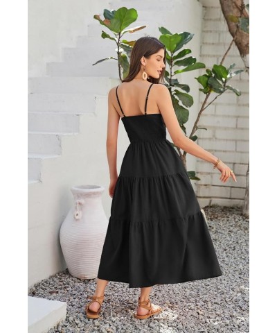 Women's Cotton Dresses Summer 2024 Spaghetti Strap V Neck Ruffle Tiered Flowy Dresses Black $22.36 Dresses