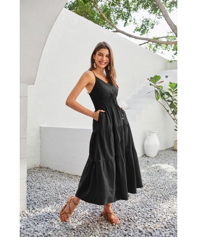 Women's Cotton Dresses Summer 2024 Spaghetti Strap V Neck Ruffle Tiered Flowy Dresses Black $22.36 Dresses