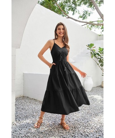 Women's Cotton Dresses Summer 2024 Spaghetti Strap V Neck Ruffle Tiered Flowy Dresses Black $22.36 Dresses