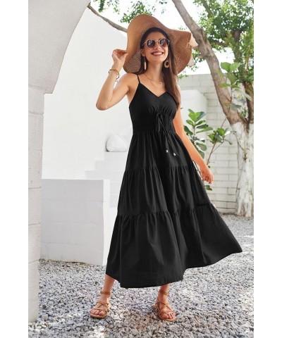 Women's Cotton Dresses Summer 2024 Spaghetti Strap V Neck Ruffle Tiered Flowy Dresses Black $22.36 Dresses