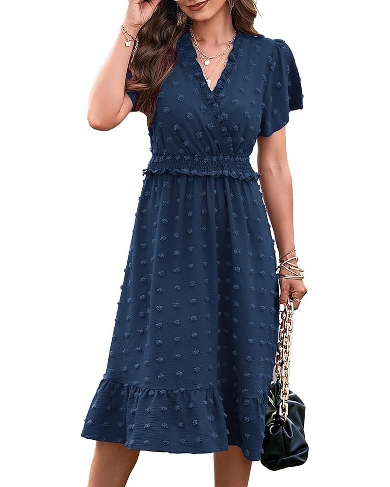 Elegant Short Sleeve V Neck Swiss Dot Midi Summer Dresses for Women 2023 Boho Ruffle Long Dresses Ruffle Cocktail Dress Solid...