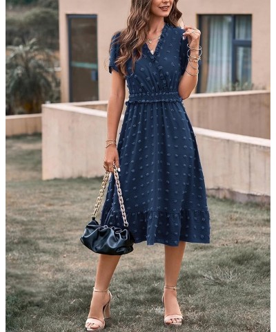 Elegant Short Sleeve V Neck Swiss Dot Midi Summer Dresses for Women 2023 Boho Ruffle Long Dresses Ruffle Cocktail Dress Solid...