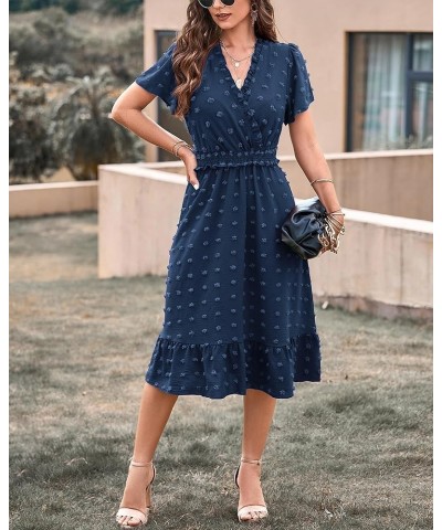 Elegant Short Sleeve V Neck Swiss Dot Midi Summer Dresses for Women 2023 Boho Ruffle Long Dresses Ruffle Cocktail Dress Solid...