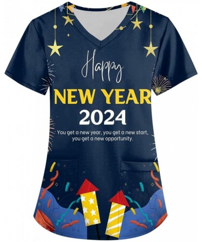 Scrubs for Women,Women's Happy New Year Print Nursing Uniform Short Sleeve V Neck T Shirts Workwear Top with Pockets 2-yellow...