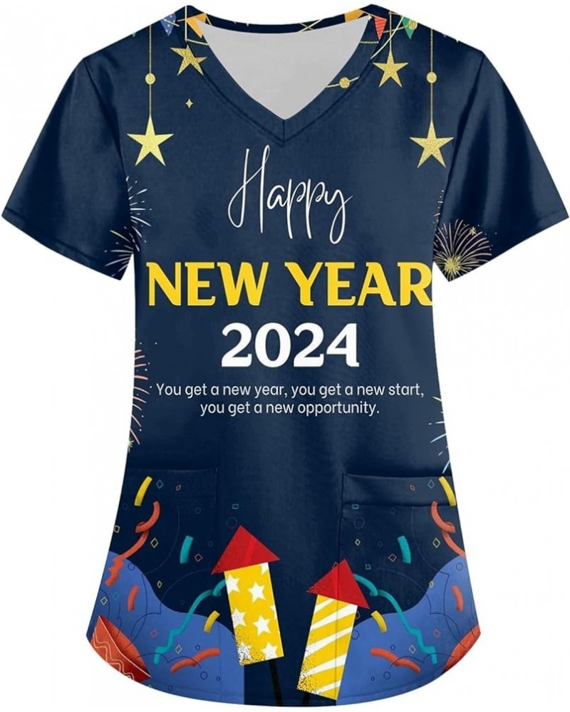 Scrubs for Women,Women's Happy New Year Print Nursing Uniform Short Sleeve V Neck T Shirts Workwear Top with Pockets 2-yellow...