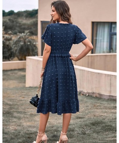 Elegant Short Sleeve V Neck Swiss Dot Midi Summer Dresses for Women 2023 Boho Ruffle Long Dresses Ruffle Cocktail Dress Solid...