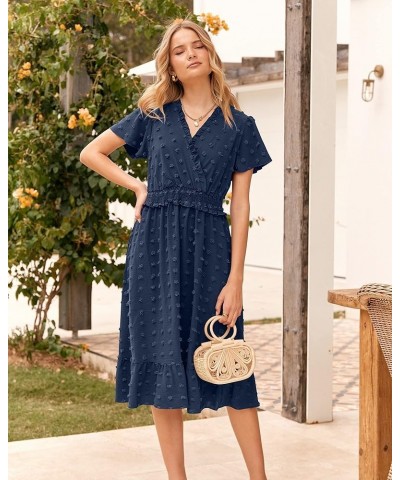 Elegant Short Sleeve V Neck Swiss Dot Midi Summer Dresses for Women 2023 Boho Ruffle Long Dresses Ruffle Cocktail Dress Solid...