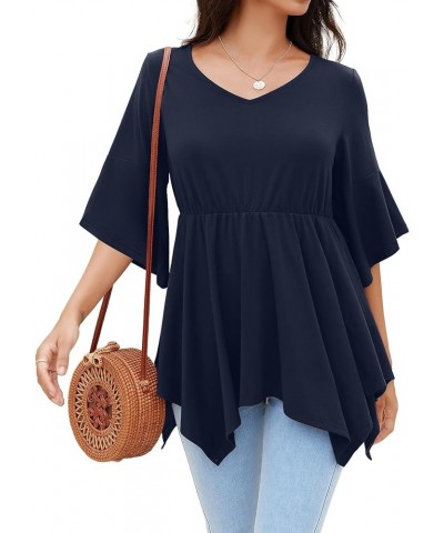 Women’s Casual 3/4 Bell Sleeve Tunic Tops Loose Fit V Neck Elastic Empire Waistline Babydoll Blouse Tops A-02 Navy Blue $10.5...