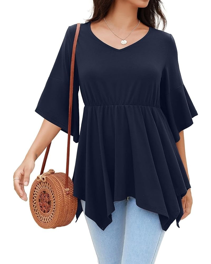 Women’s Casual 3/4 Bell Sleeve Tunic Tops Loose Fit V Neck Elastic Empire Waistline Babydoll Blouse Tops A-02 Navy Blue $10.5...