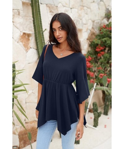 Women’s Casual 3/4 Bell Sleeve Tunic Tops Loose Fit V Neck Elastic Empire Waistline Babydoll Blouse Tops A-02 Navy Blue $10.5...