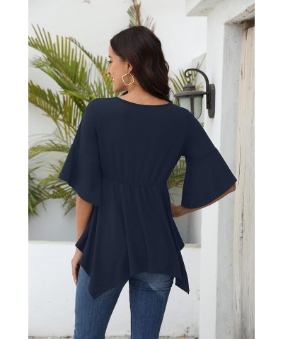 Women’s Casual 3/4 Bell Sleeve Tunic Tops Loose Fit V Neck Elastic Empire Waistline Babydoll Blouse Tops A-02 Navy Blue $10.5...