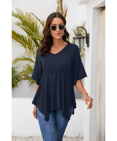 Women’s Casual 3/4 Bell Sleeve Tunic Tops Loose Fit V Neck Elastic Empire Waistline Babydoll Blouse Tops A-02 Navy Blue $10.5...