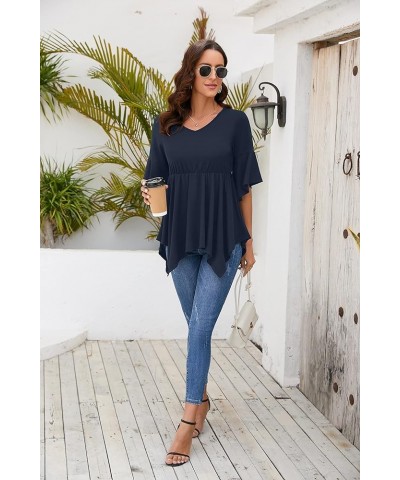 Women’s Casual 3/4 Bell Sleeve Tunic Tops Loose Fit V Neck Elastic Empire Waistline Babydoll Blouse Tops A-02 Navy Blue $10.5...