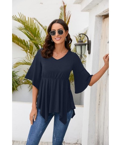 Women’s Casual 3/4 Bell Sleeve Tunic Tops Loose Fit V Neck Elastic Empire Waistline Babydoll Blouse Tops A-02 Navy Blue $10.5...