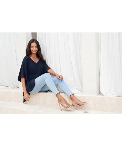 Women’s Casual 3/4 Bell Sleeve Tunic Tops Loose Fit V Neck Elastic Empire Waistline Babydoll Blouse Tops A-02 Navy Blue $10.5...