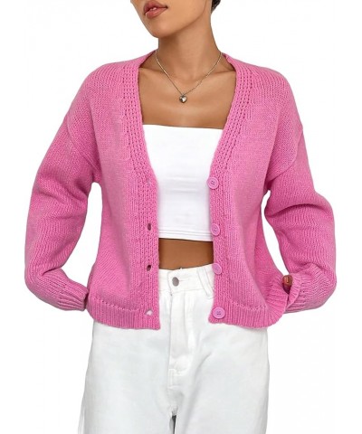 Women's Contrast Trim Lantern Sleeve Open Front Cropped Cardigan Sweater Button Solid Pink $19.37 Sweaters