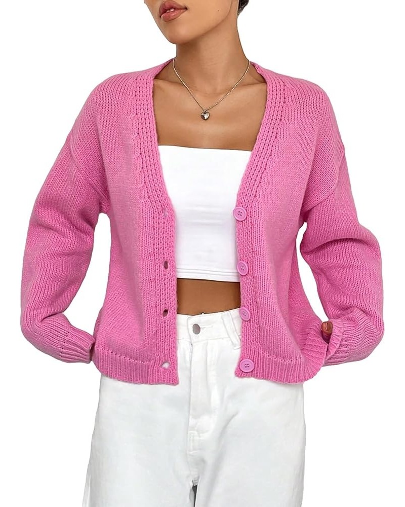 Women's Contrast Trim Lantern Sleeve Open Front Cropped Cardigan Sweater Button Solid Pink $19.37 Sweaters