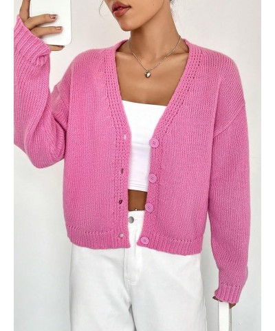 Women's Contrast Trim Lantern Sleeve Open Front Cropped Cardigan Sweater Button Solid Pink $19.37 Sweaters