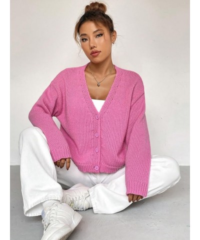 Women's Contrast Trim Lantern Sleeve Open Front Cropped Cardigan Sweater Button Solid Pink $19.37 Sweaters