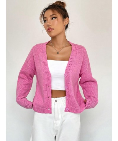 Women's Contrast Trim Lantern Sleeve Open Front Cropped Cardigan Sweater Button Solid Pink $19.37 Sweaters