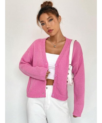 Women's Contrast Trim Lantern Sleeve Open Front Cropped Cardigan Sweater Button Solid Pink $19.37 Sweaters