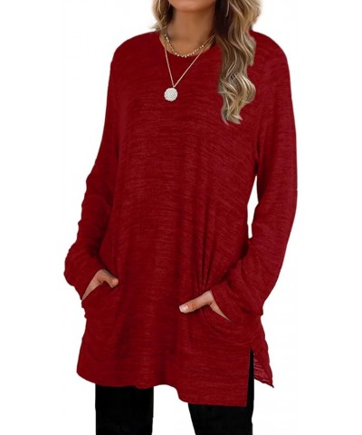 Women Long Sleeve Shirts Basic Tops Tunic Pockets Solid Color Sweatshirt Khaki S 118-red $18.69 Tops