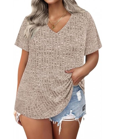 Plus Size Tops for Women Short Sleeve V Neck Solid Loose Ribbed T Shirts Causual Tunics Summer Tie Dye Blouse XL-5XL 01-beige...