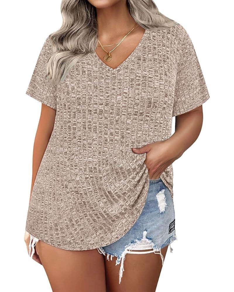 Plus Size Tops for Women Short Sleeve V Neck Solid Loose Ribbed T Shirts Causual Tunics Summer Tie Dye Blouse XL-5XL 01-beige...