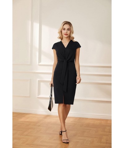 Women's Summer Midi Dresses Cap Sleeve Tie Waist Work Dress Slit V-Neck Bodycon Dress Business Casual Outfits Black $17.22 Dr...