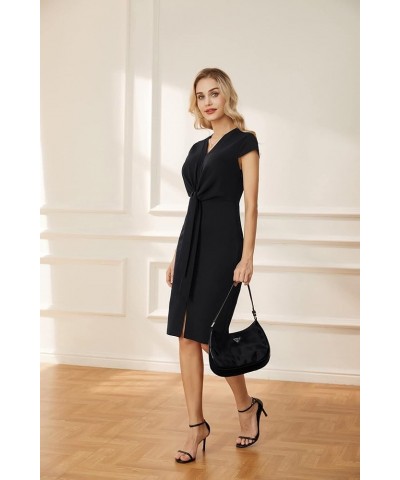 Women's Summer Midi Dresses Cap Sleeve Tie Waist Work Dress Slit V-Neck Bodycon Dress Business Casual Outfits Black $17.22 Dr...