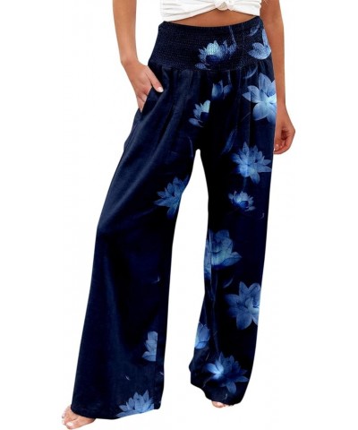 Wide Leg Pants for Women High Waist Linen Elastic Dressy Casual Palazzo Lounge Pant Trousers with Pocket 09-navy $4.39 Leggings