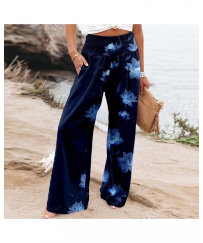 Wide Leg Pants for Women High Waist Linen Elastic Dressy Casual Palazzo Lounge Pant Trousers with Pocket 09-navy $4.39 Leggings