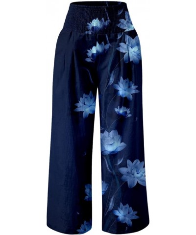 Wide Leg Pants for Women High Waist Linen Elastic Dressy Casual Palazzo Lounge Pant Trousers with Pocket 09-navy $4.39 Leggings