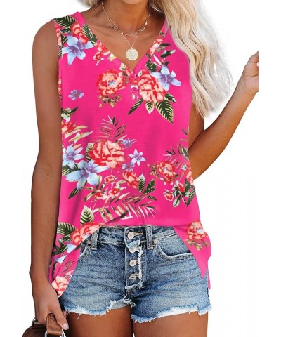 Womens Tank Tops Summer V Neck Sleeveless Shirts Button Up Loose Fit 18-red Peony $10.75 Tanks