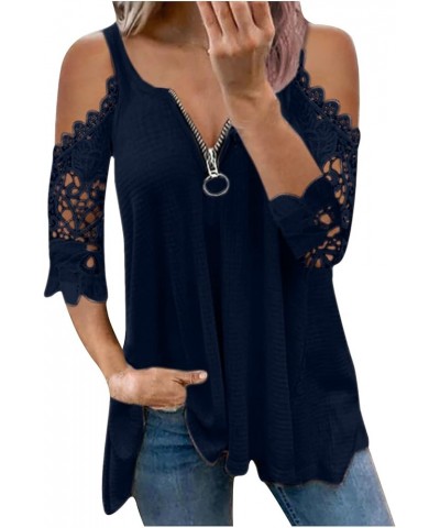 Women Casual Lace Half Sleeve Tops Sexy V-Neck Zipper Hollow Out Waffle Solid T-Shirt Loose Fit Tunic Blouse to Hide Belly Wh...