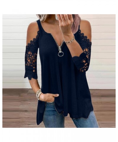 Women Casual Lace Half Sleeve Tops Sexy V-Neck Zipper Hollow Out Waffle Solid T-Shirt Loose Fit Tunic Blouse to Hide Belly Wh...