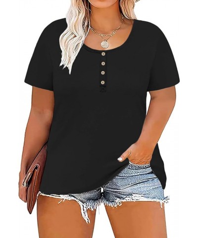 Women's-Plus-Size Tops Summer Buttons Henley Shirts Casual Short Sleeve Tee 01_black $16.79 Tops