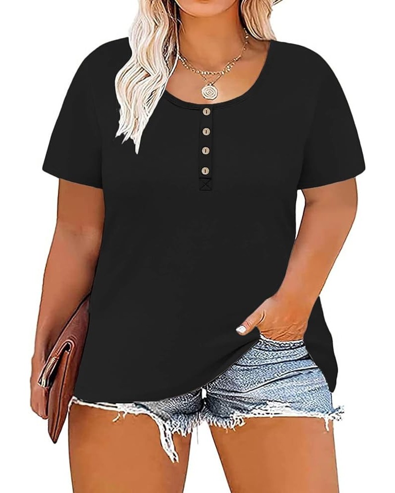 Women's-Plus-Size Tops Summer Buttons Henley Shirts Casual Short Sleeve Tee 01_black $16.79 Tops